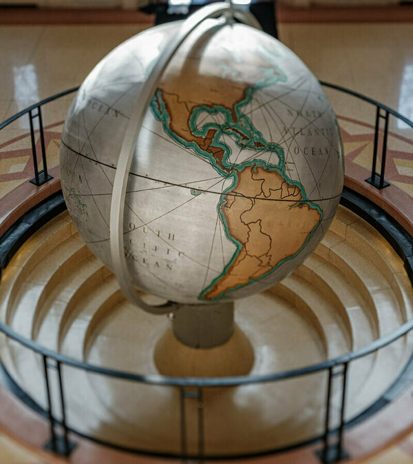High view of a large globe in Hurley Hall