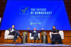 Harvard University social scientist Robert Putnam, center, engages in a conversation with Notre Dame professors David Campbell and Jaimie Bleck at an event that was part of the 2023-24 Notre Dame Forum on the future of democracy.