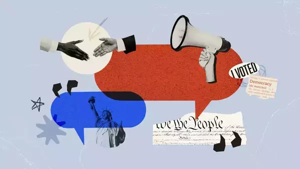 A composite image of an overlapping red and blue chat bubbles surrounded by tiny political illustrations.