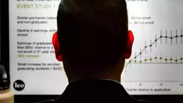 Back of a person's head and shoulders, facing a projected presentation showing graduate earnings data with a rising line graph.