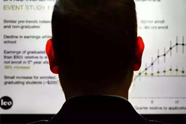 Back of a person's head and shoulders, facing a projected presentation showing graduate earnings data with a rising line graph.
