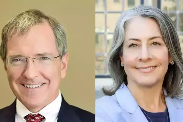On left, a headshot of a smiling man in a dark suit; on right, a headshot of a smiling woman in blue suit