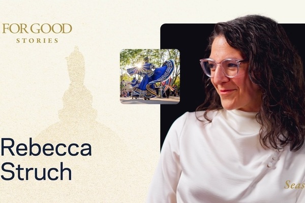 A woman smiles in glasses and white mock-neck top. Inset: A dancer in blue and gold dress spins. Golden Dome outline.